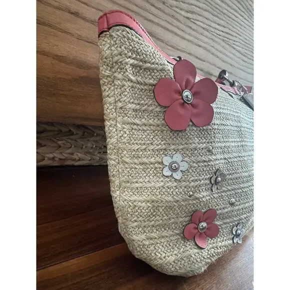 Coach Straw Floral Appliqué Tote – Coral - tea rose - Picture 8 of 11